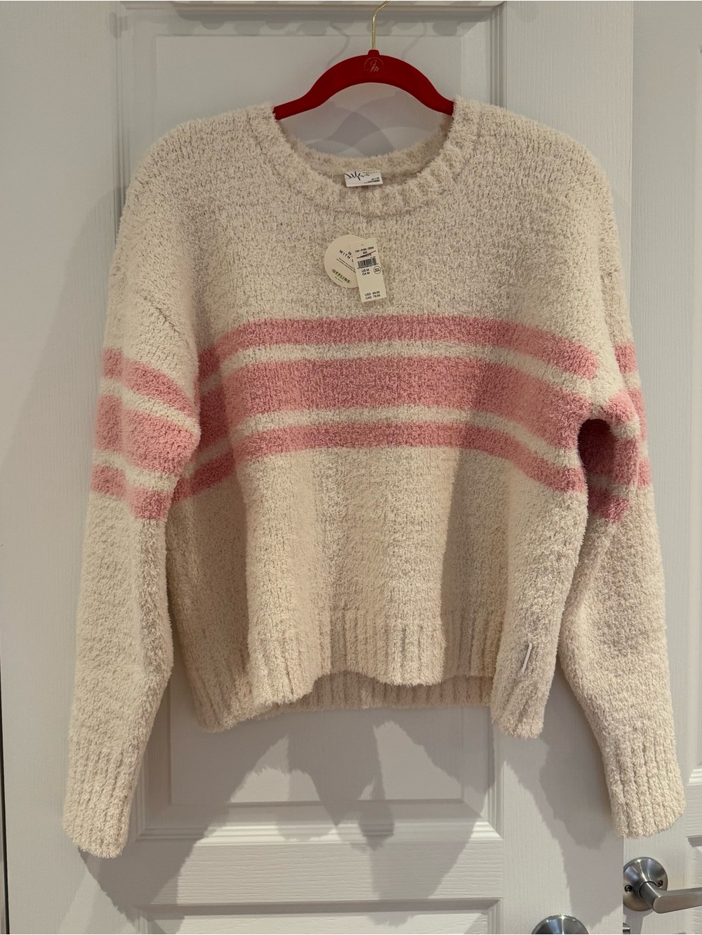 Offline by aerie Cream Crewneck Sweater with Pink Stripe Detail